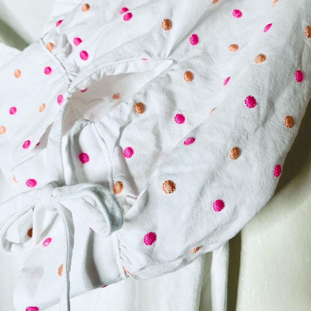 Loft White Puff Sleeve Top with Pink and Orange Polka Dots - Picture 3 of 3